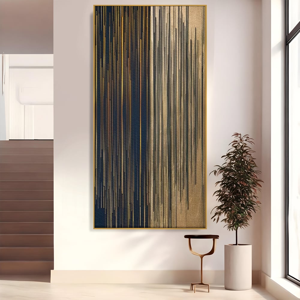 Tablou canvas cu tablou abstract cu linii verticale aurii, in rama de aluminiu auriu